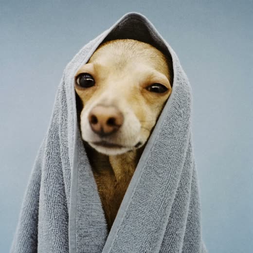 A freshly bathed dog wrapped in a towel