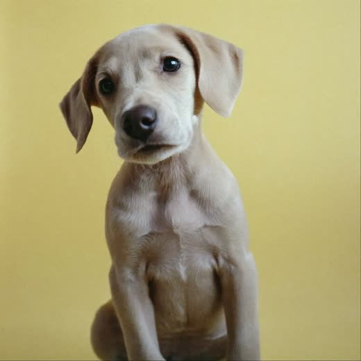 A small puppy sitting upright on a pastel backdrop
